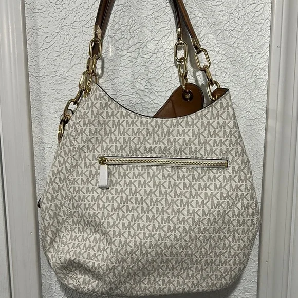 Michael Kors Large Chain Shoulder Tote “Lillie” White and Brown - Picture 5 of 7